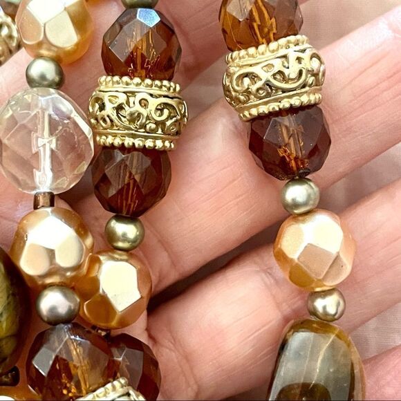 Brown beaded gold tone double strand statement necklace - Picture 9 of 11